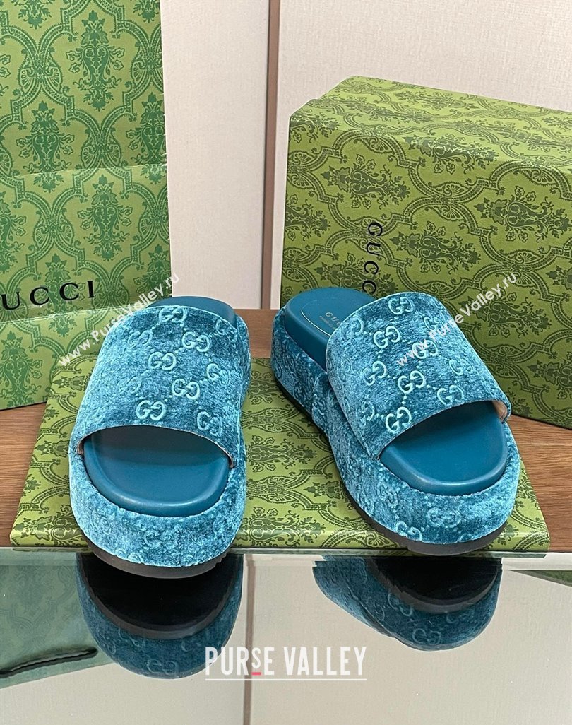 Gucci Platform Slide Sandals 5cm in GG Velvet Light Blue 2024 0427 (MD-240427007)