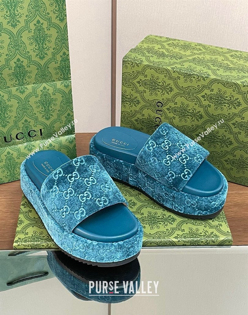 Gucci Platform Slide Sandals 5cm in GG Velvet Light Blue 2024 0427 (MD-240427007)
