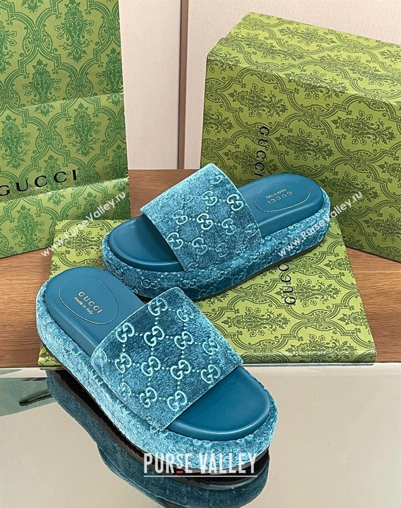 Gucci Platform Slide Sandals 5cm in GG Velvet Light Blue 2024 0427 (MD-240427007)