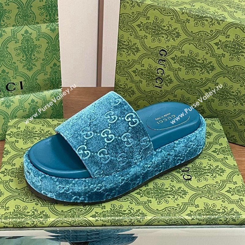 Gucci Platform Slide Sandals 5cm in GG Velvet Light Blue 2024 0427 (MD-240427007)