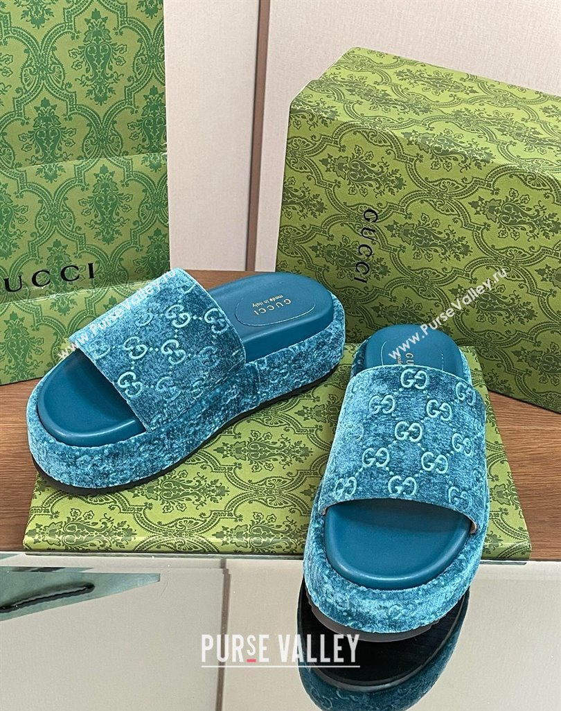 Gucci Platform Slide Sandals 5cm in GG Velvet Light Blue 2024 0427 (MD-240427007)