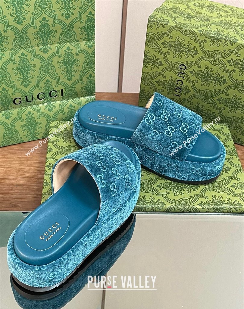 Gucci Platform Slide Sandals 5cm in GG Velvet Light Blue 2024 0427 (MD-240427007)