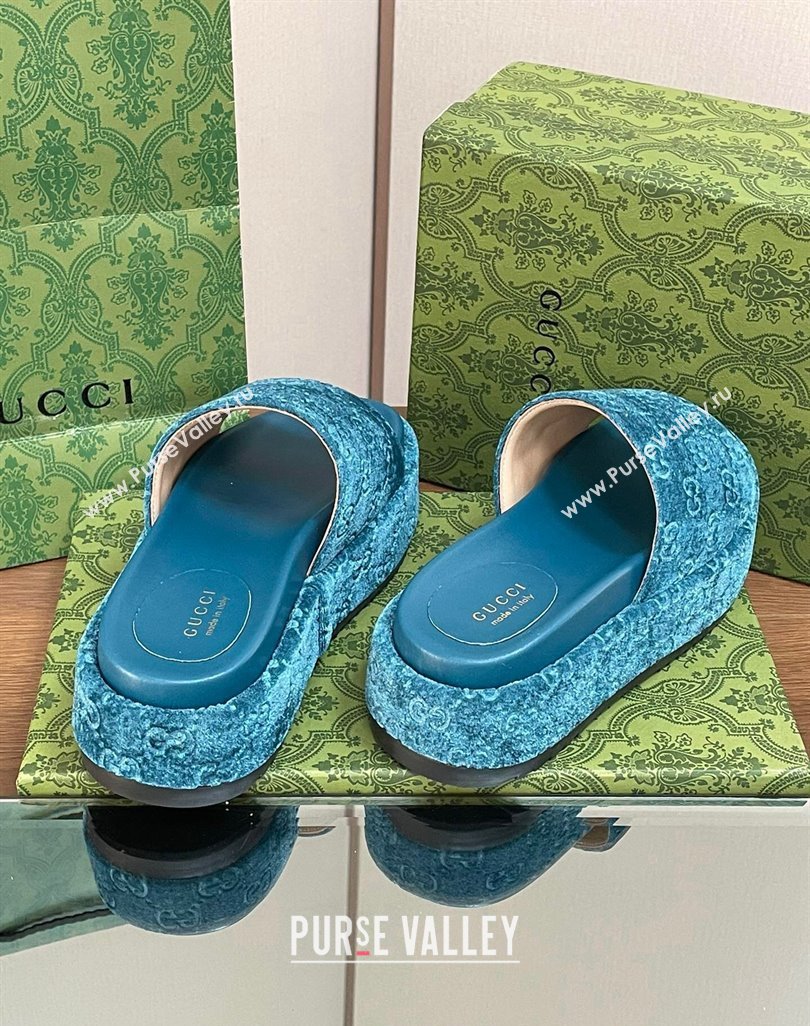 Gucci Platform Slide Sandals 5cm in GG Velvet Light Blue 2024 0427 (MD-240427007)