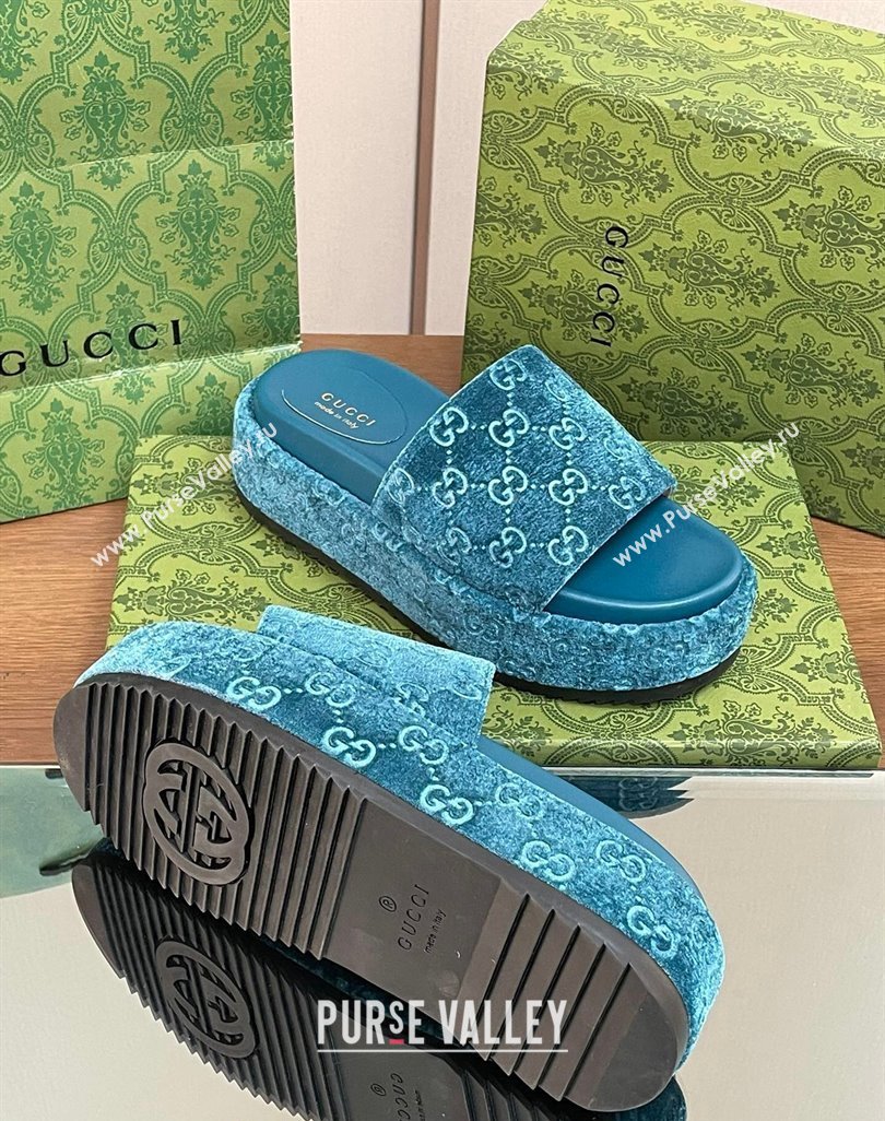 Gucci Platform Slide Sandals 5cm in GG Velvet Light Blue 2024 0427 (MD-240427007)