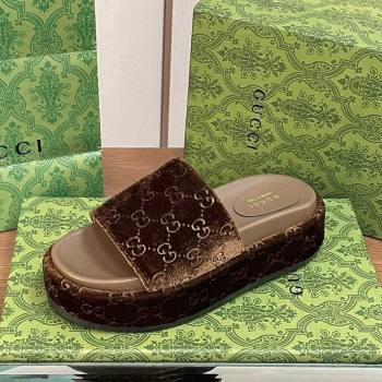 Gucci Platform Slide Sandals 5cm in GG Velvet Brown 2024 0427 (MD-240427008)