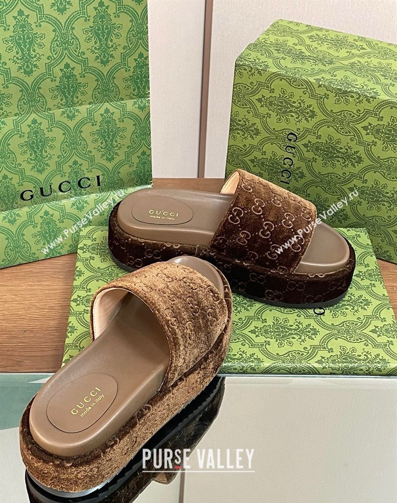 Gucci Platform Slide Sandals 5cm in GG Velvet Brown 2024 0427 (MD-240427008)