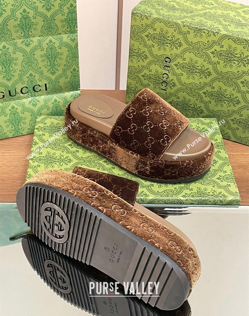 Gucci Platform Slide Sandals 5cm in GG Velvet Brown 2024 0427 (MD-240427008)