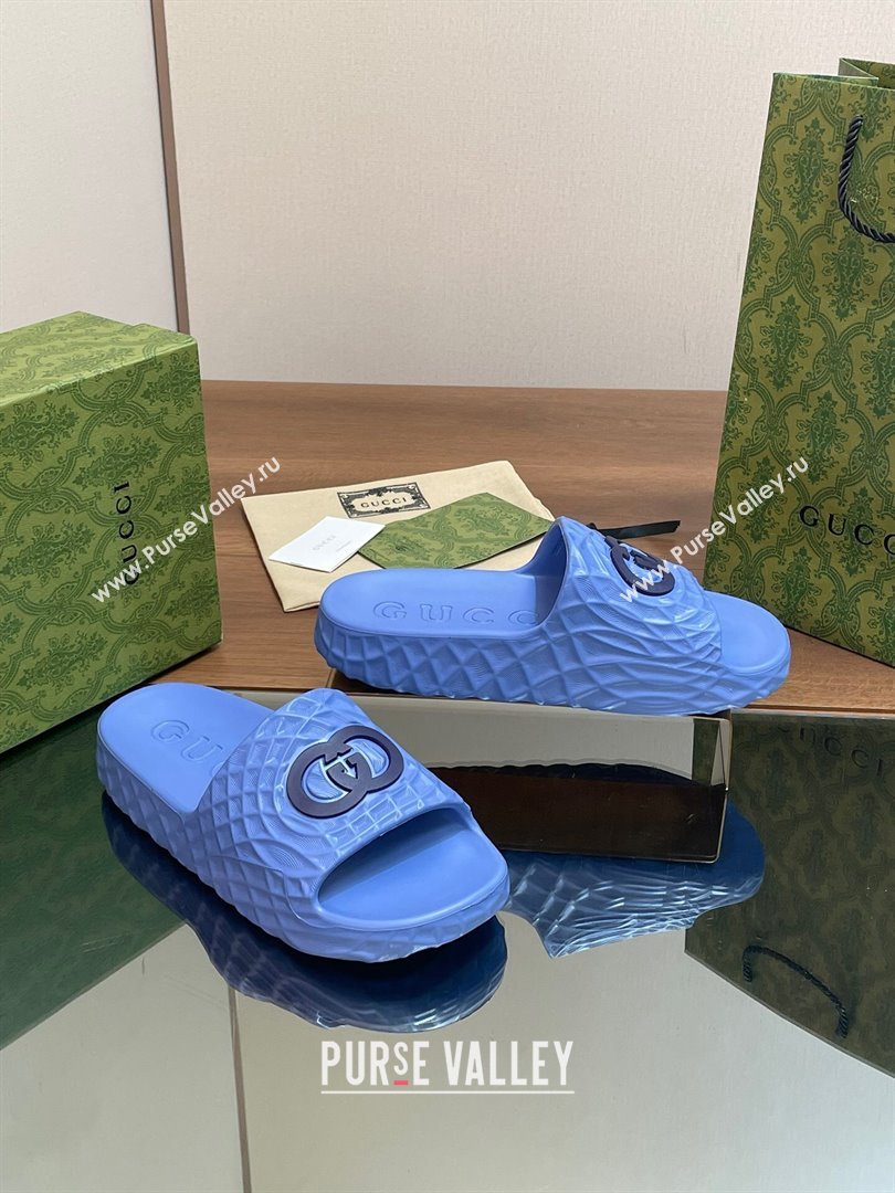 Gucci Textured Rubber Interlocking G Flat Slide Sandals Blue 2024 (MD-240427082)