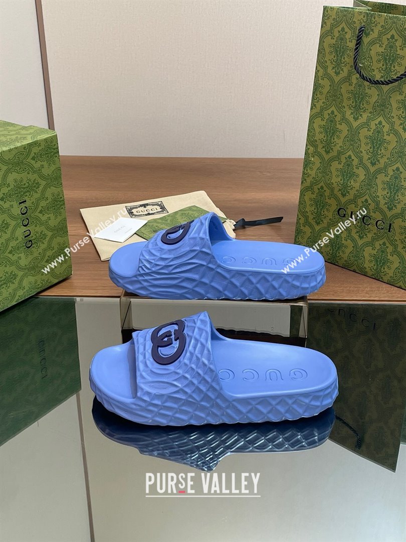 Gucci Textured Rubber Interlocking G Flat Slide Sandals Blue 2024 (MD-240427082)
