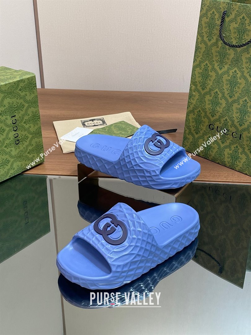 Gucci Textured Rubber Interlocking G Flat Slide Sandals Blue 2024 (MD-240427082)