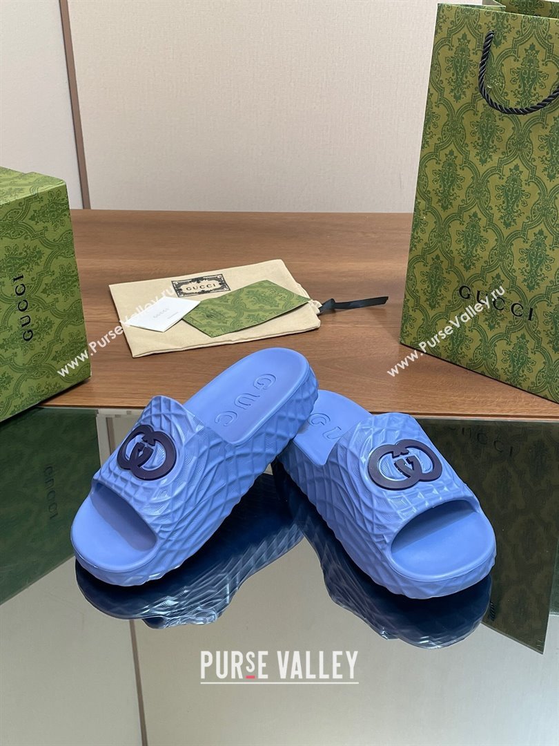 Gucci Textured Rubber Interlocking G Flat Slide Sandals Blue 2024 (MD-240427082)