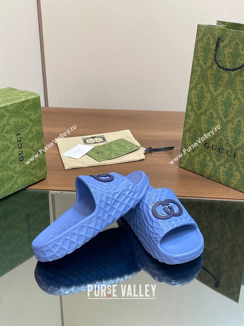 Gucci Textured Rubber Interlocking G Flat Slide Sandals Blue 2024 (MD-240427082)