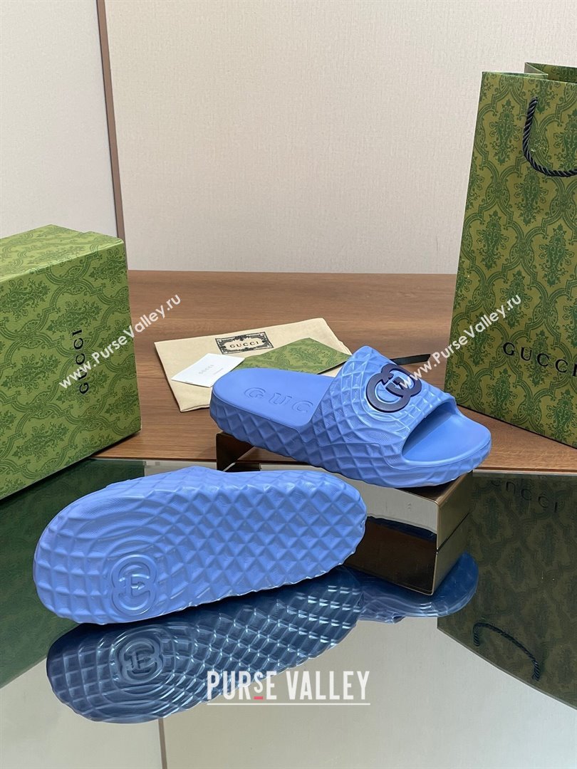 Gucci Textured Rubber Interlocking G Flat Slide Sandals Blue 2024 (MD-240427082)