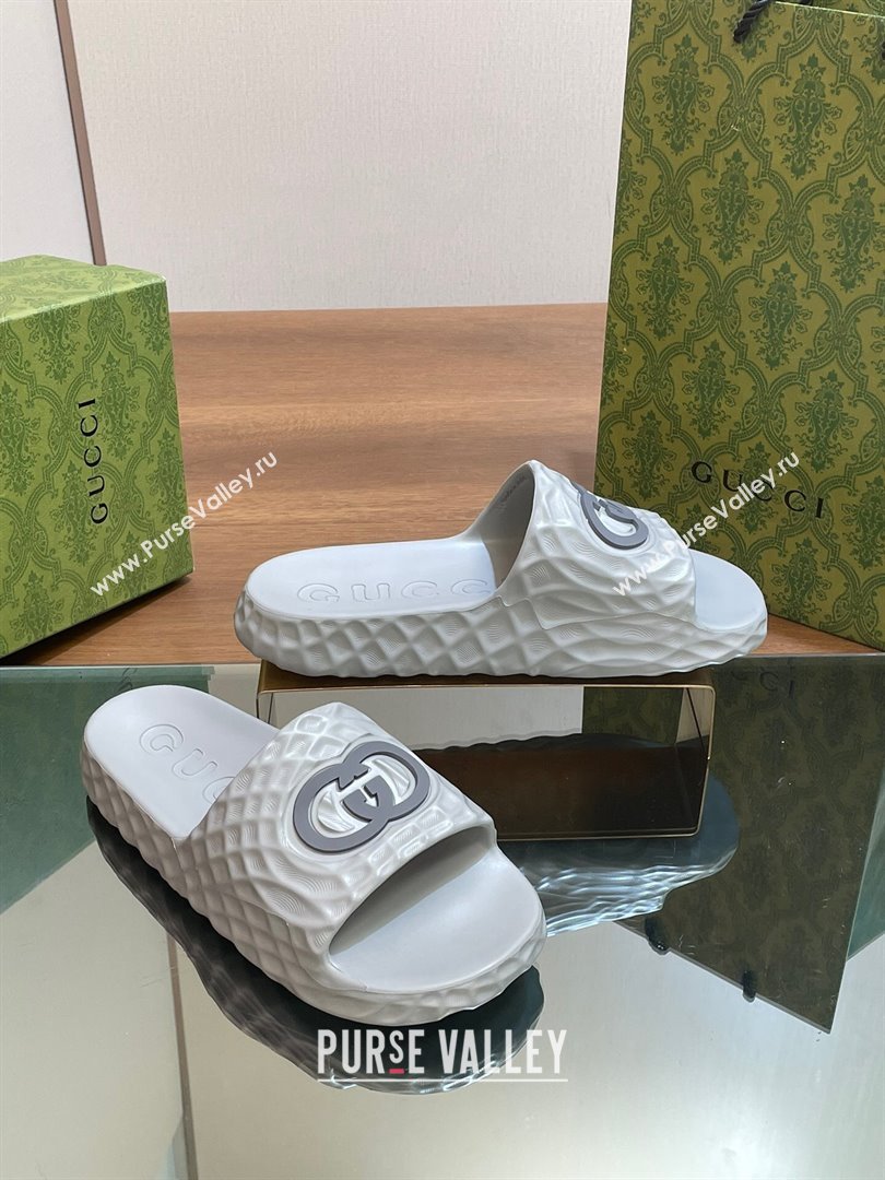Gucci Textured Rubber Interlocking G Flat Slide Sandals Grey 2024 (MD-240427083)
