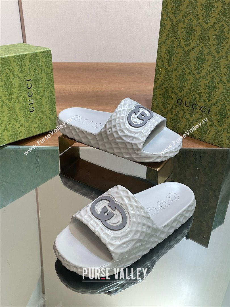 Gucci Textured Rubber Interlocking G Flat Slide Sandals Grey 2024 (MD-240427083)