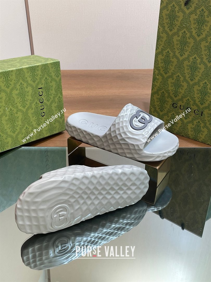 Gucci Textured Rubber Interlocking G Flat Slide Sandals Grey 2024 (MD-240427083)