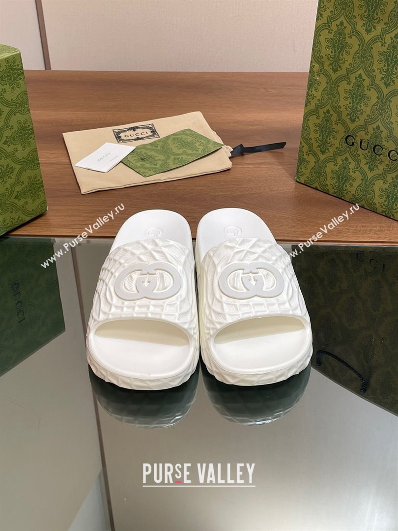 Gucci Textured Rubber Interlocking G Flat Slide Sandals White 2024 (MD-240427081)