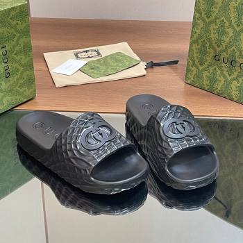 Gucci Textured Rubber Interlocking G Flat Slide Sandals Black 2024 (MD-240427084)