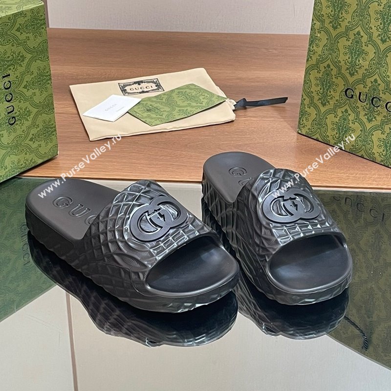 Gucci Textured Rubber Interlocking G Flat Slide Sandals Black 2024 (MD-240427084)