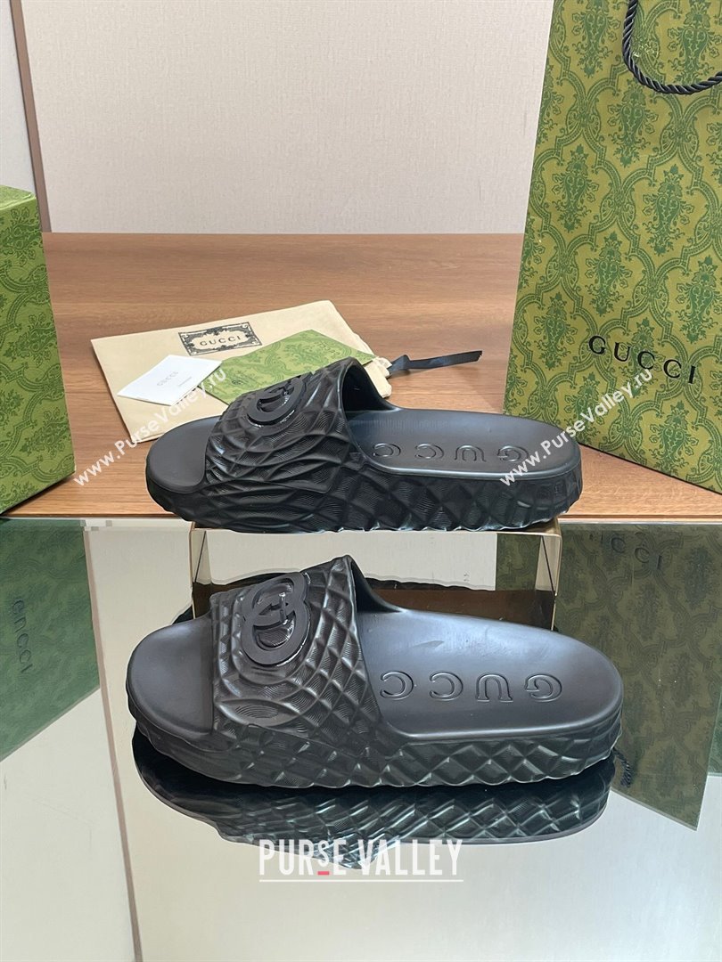 Gucci Textured Rubber Interlocking G Flat Slide Sandals Black 2024 (MD-240427084)