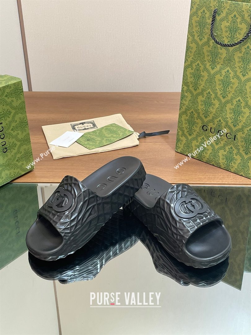 Gucci Textured Rubber Interlocking G Flat Slide Sandals Black 2024 (MD-240427084)