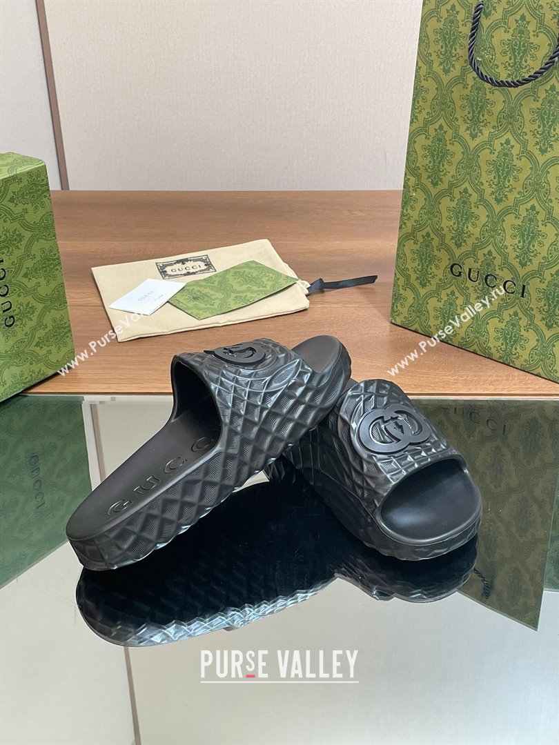 Gucci Textured Rubber Interlocking G Flat Slide Sandals Black 2024 (MD-240427084)