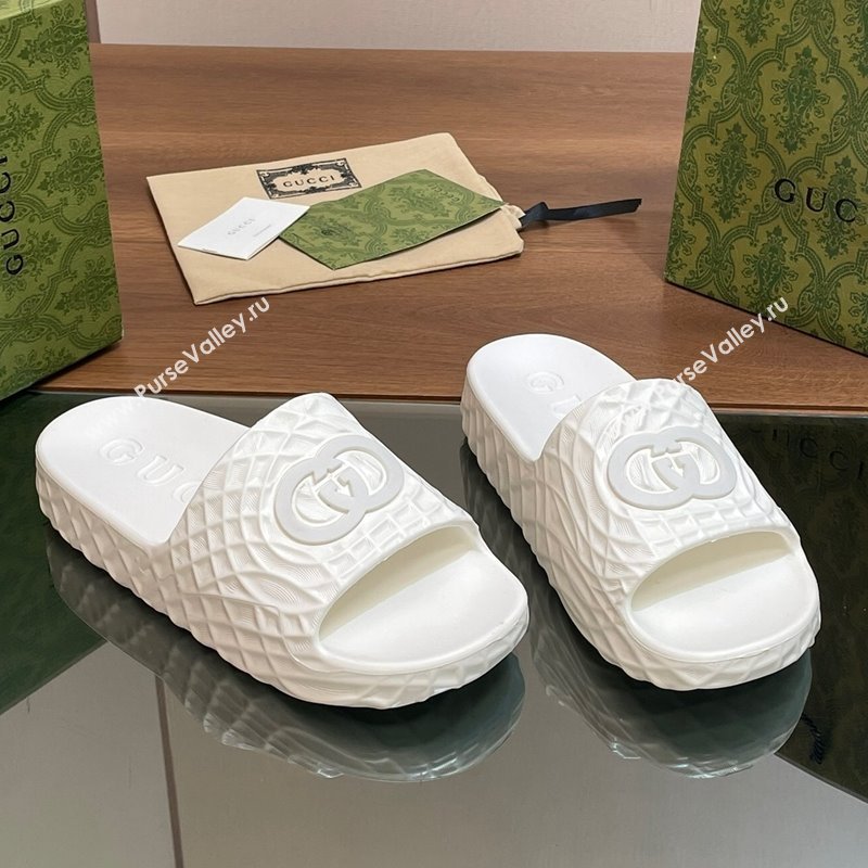 Gucci Textured Rubber Interlocking G Flat Slide Sandals White 2024 (MD-240427081)