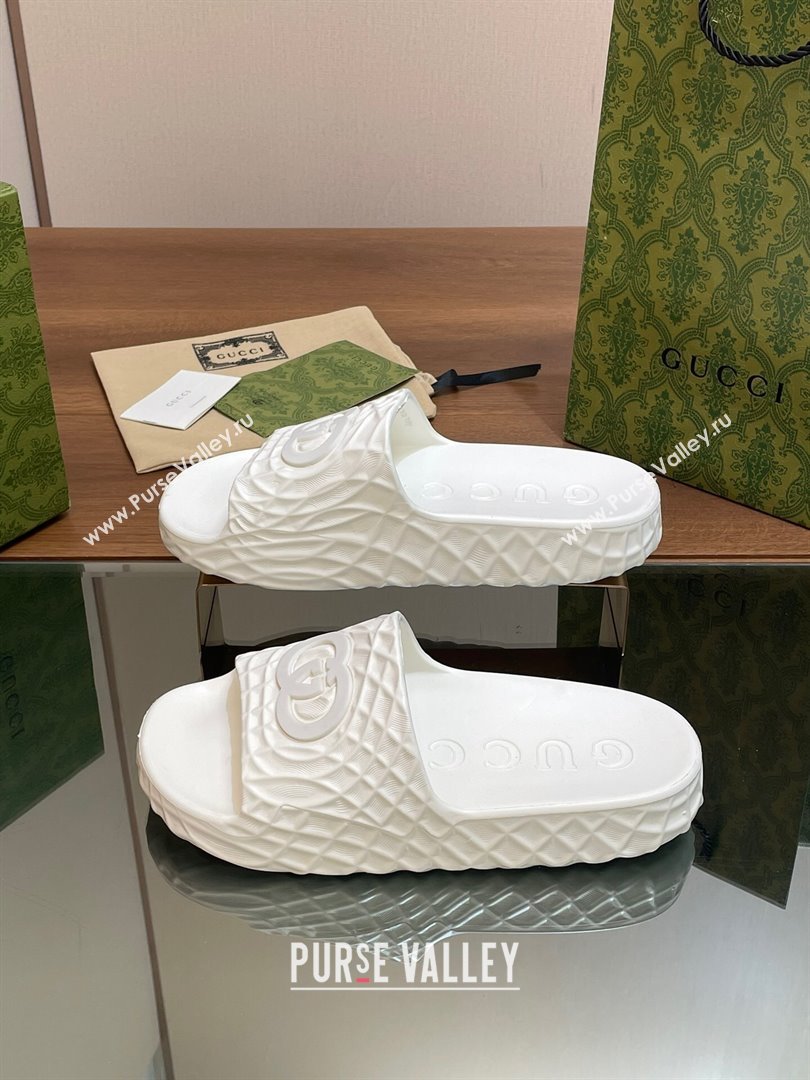 Gucci Textured Rubber Interlocking G Flat Slide Sandals White 2024 (MD-240427081)