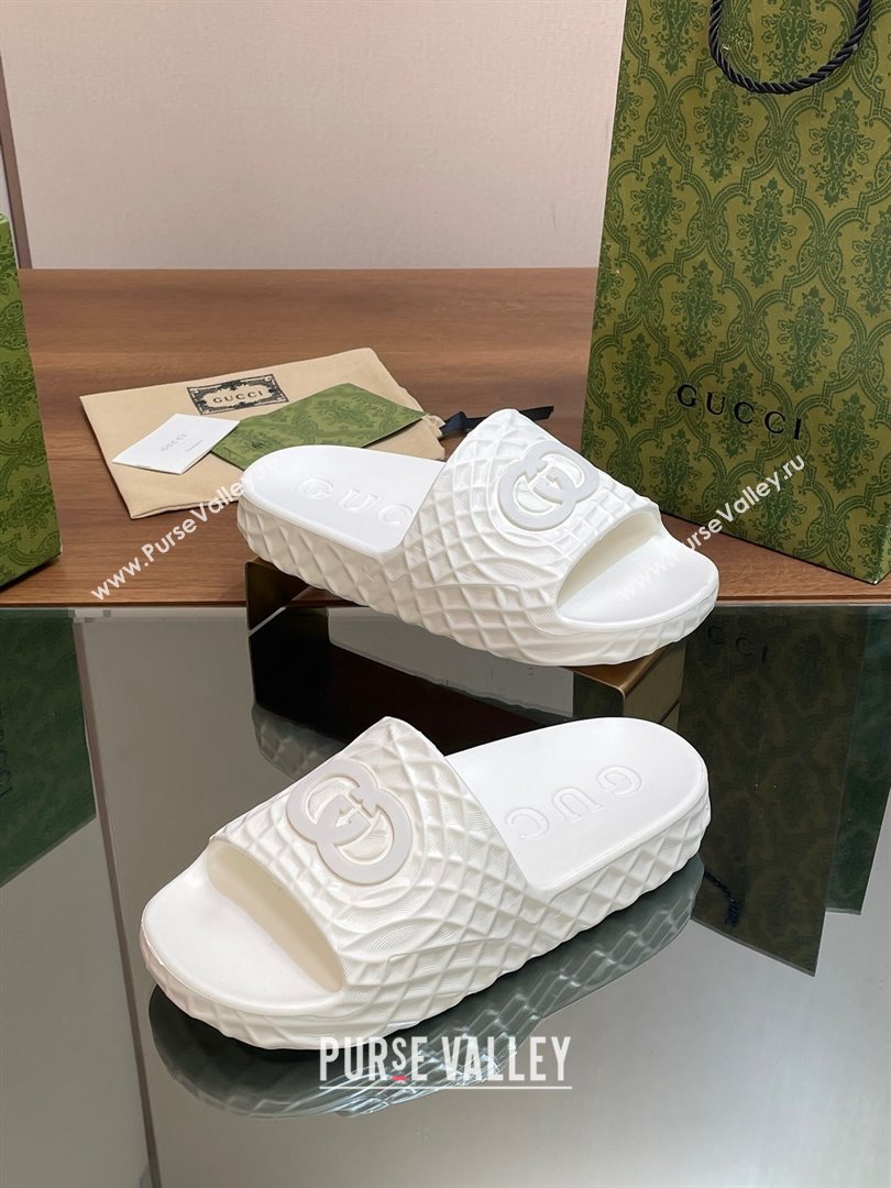 Gucci Textured Rubber Interlocking G Flat Slide Sandals White 2024 (MD-240427081)