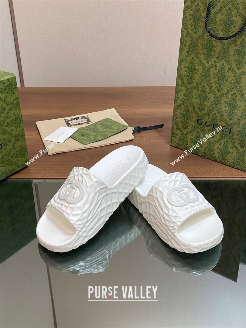 Gucci Textured Rubber Interlocking G Flat Slide Sandals White 2024 (MD-240427081)