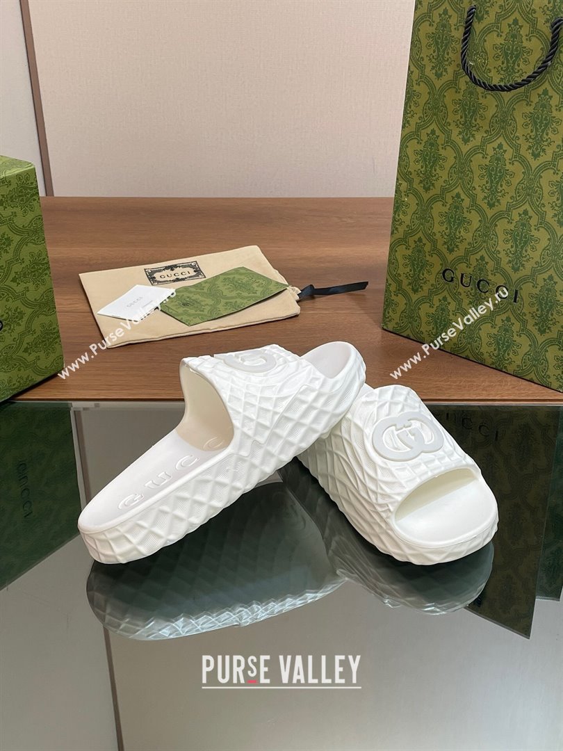 Gucci Textured Rubber Interlocking G Flat Slide Sandals White 2024 (MD-240427081)