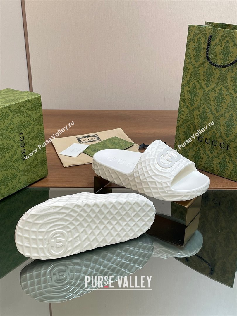 Gucci Textured Rubber Interlocking G Flat Slide Sandals White 2024 (MD-240427081)
