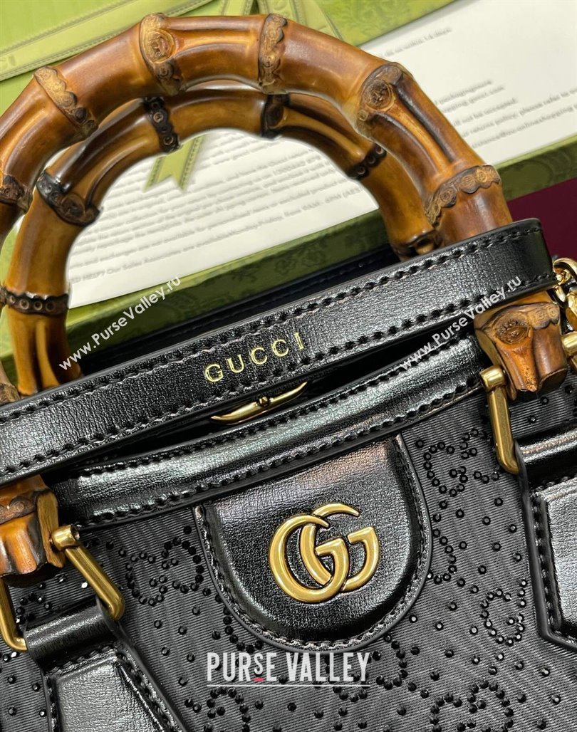 Gucci Diana GG Canvas Mini Tote Bag with Strass 707449 Black 2024 (DLH-240522014)