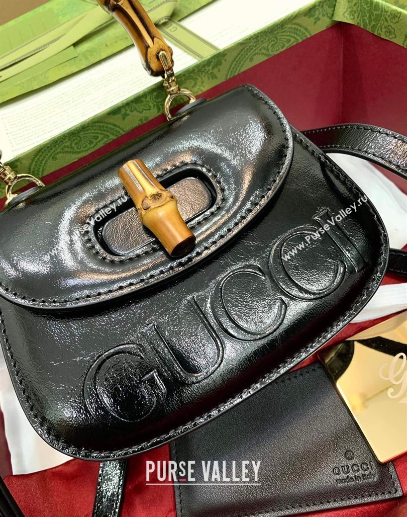 Gucci Bamboo 1947 Crinkled Patent Leather Mini Top Handle bag Black 2024 786482 (DLH-240522017)