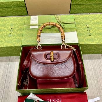 Gucci Bamboo 1947 Crinkled Patent Leather Small Top Handle bag Burgundy 2024 675797 (DLH-240522018)