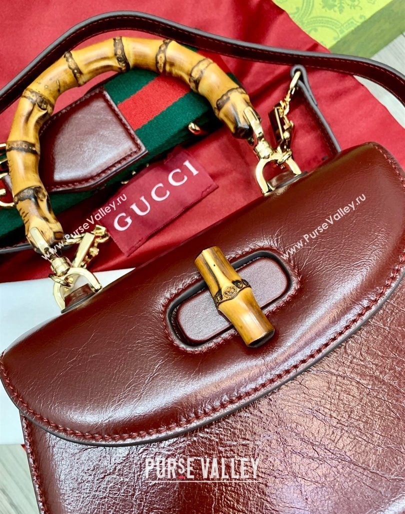 Gucci Bamboo 1947 Crinkled Patent Leather Small Top Handle bag Burgundy 2024 675797 (DLH-240522018)