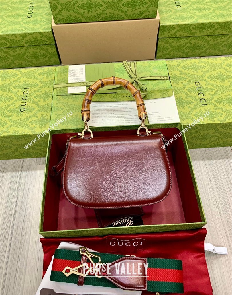 Gucci Bamboo 1947 Crinkled Patent Leather Small Top Handle bag Burgundy 2024 675797 (DLH-240522018)