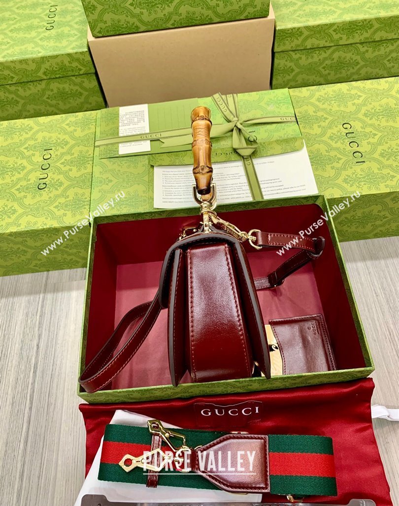 Gucci Bamboo 1947 Crinkled Patent Leather Small Top Handle bag Burgundy 2024 675797 (DLH-240522018)