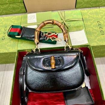 Gucci Bamboo 1947 Crinkled Patent Leather Small Top Handle bag Black 2024 675797 (DLH-240522019)