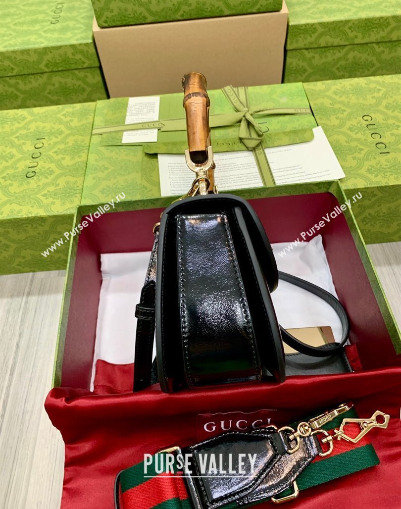 Gucci Bamboo 1947 Crinkled Patent Leather Small Top Handle bag Black 2024 675797 (DLH-240522019)