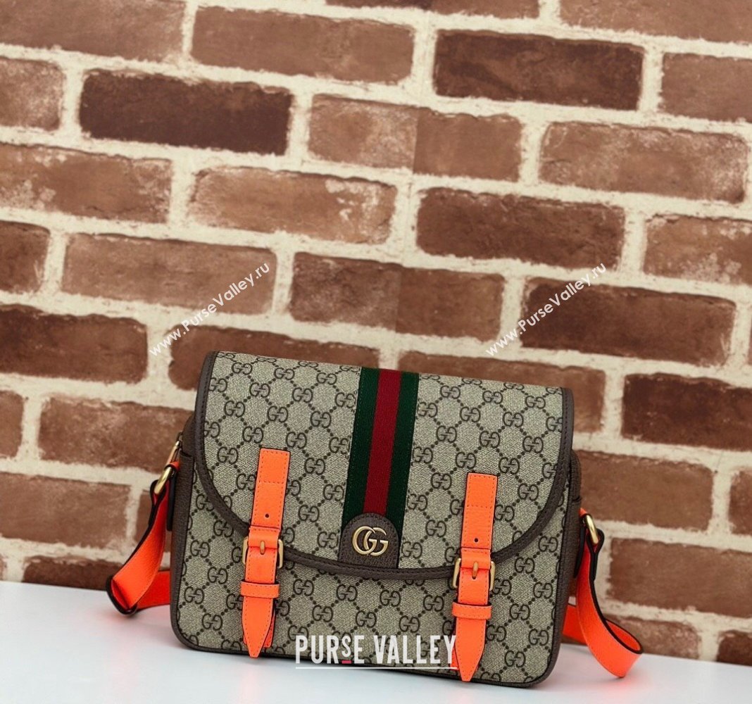 Gucci Ophidia GG Canvas Crossbody Bag with Fluorescent Orange Leather Trim 2024 792376 (DLH-240522038)