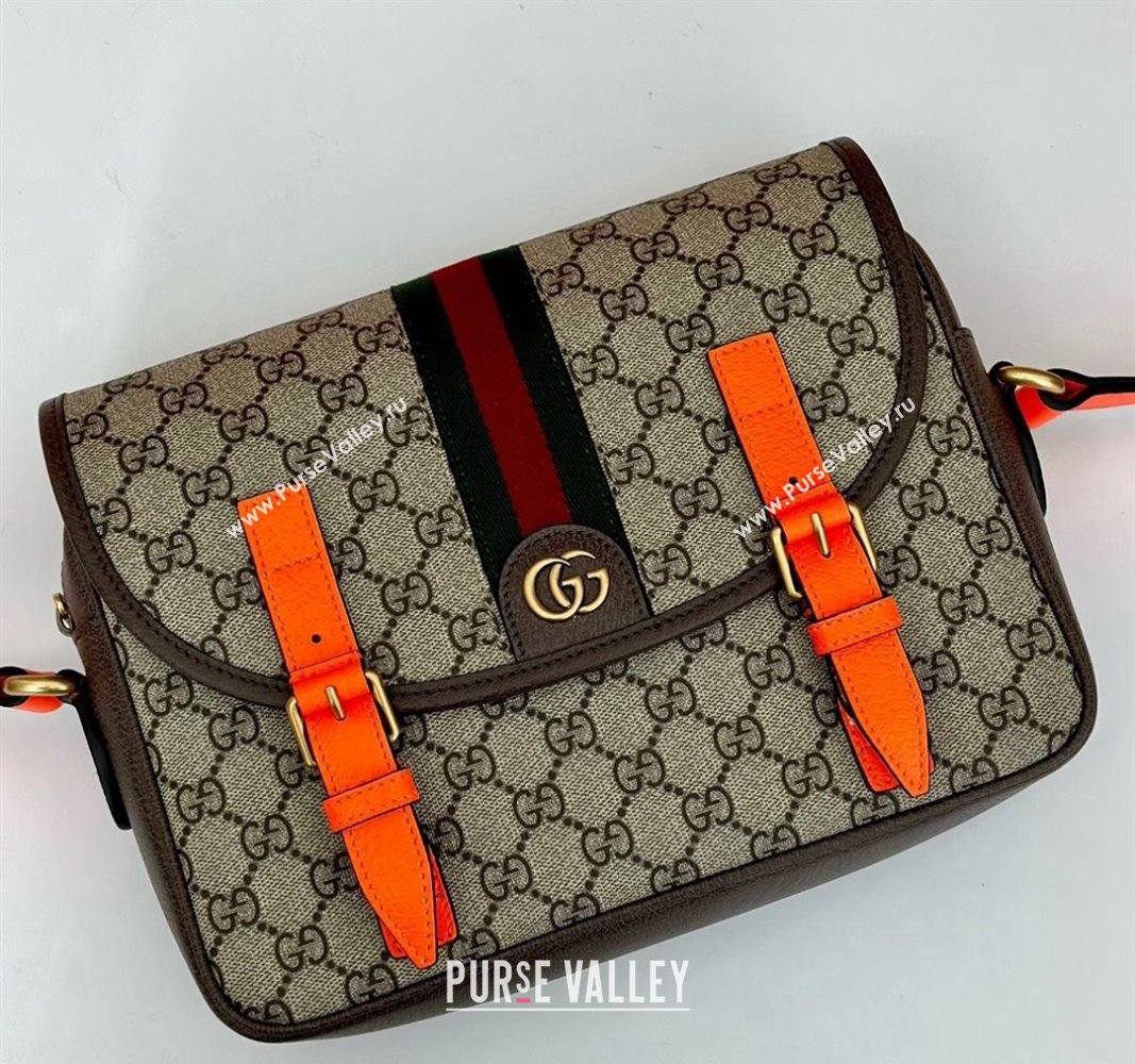 Gucci Ophidia GG Canvas Crossbody Bag with Fluorescent Orange Leather Trim 2024 792376 (DLH-240522038)