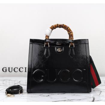 Gucci Diana Medium Tote Bag 678842 in Crinkled Patent Leather Black 2024 (DLH-240522028)