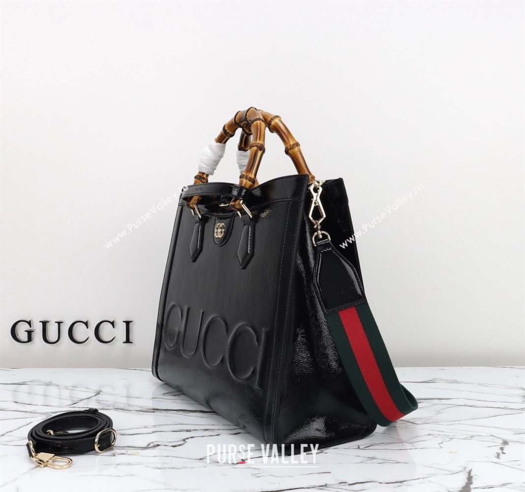 Gucci Diana Medium Tote Bag 678842 in Crinkled Patent Leather Black 2024 (DLH-240522028)