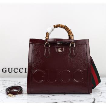 Gucci Diana Medium Tote Bag 678842 in Crinkled Patent Leather Burgundy 2024 (DLH-240522029)