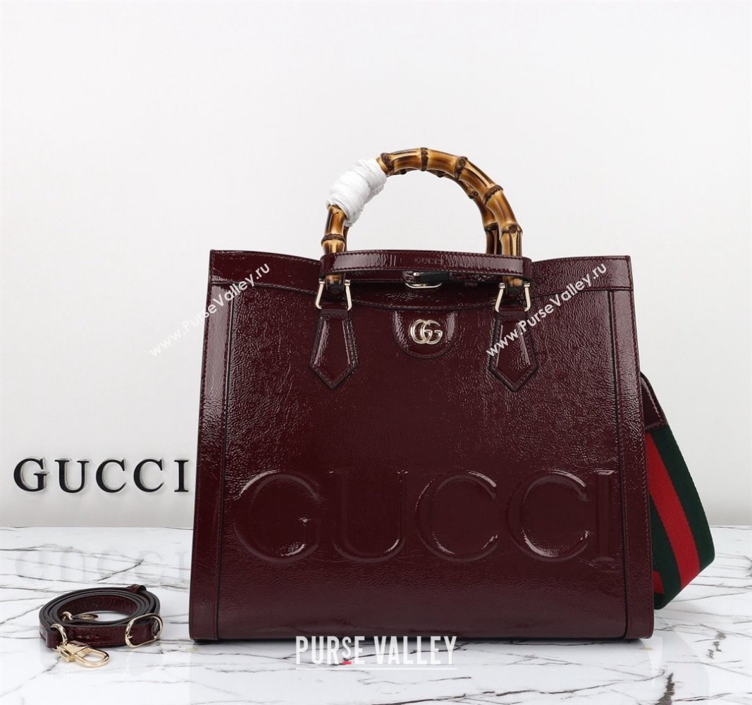 Gucci Diana Medium Tote Bag 678842 in Crinkled Patent Leather Burgundy 2024 (DLH-240522029)