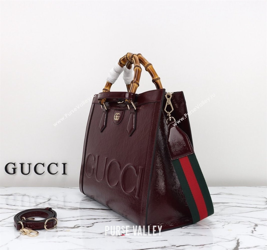 Gucci Diana Medium Tote Bag 678842 in Crinkled Patent Leather Burgundy 2024 (DLH-240522029)