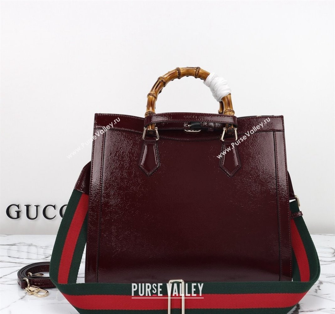 Gucci Diana Medium Tote Bag 678842 in Crinkled Patent Leather Burgundy 2024 (DLH-240522029)