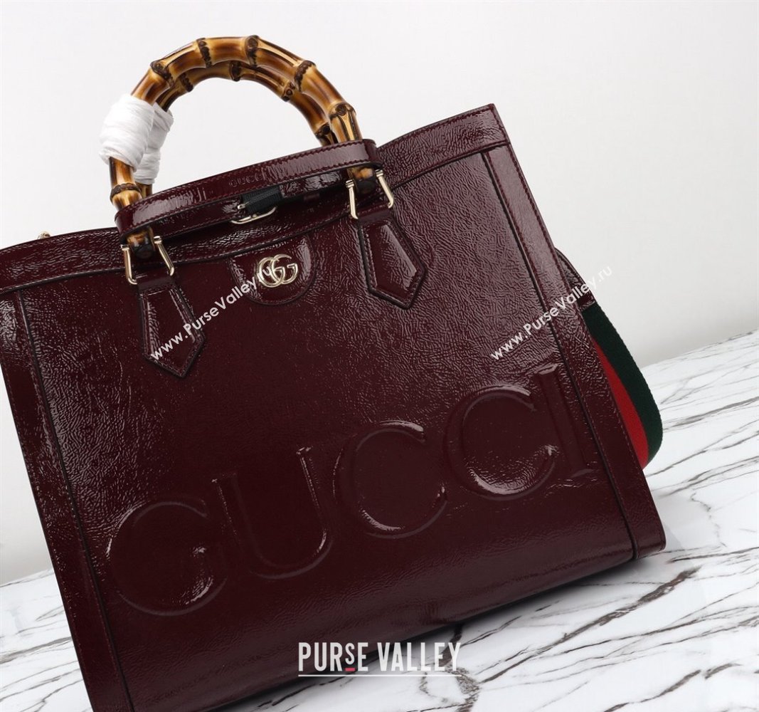 Gucci Diana Medium Tote Bag 678842 in Crinkled Patent Leather Burgundy 2024 (DLH-240522029)