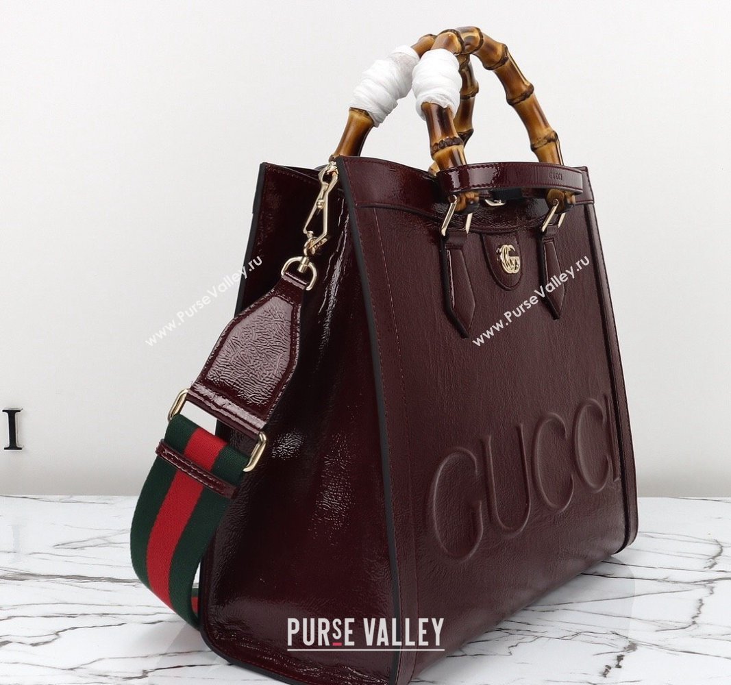 Gucci Diana Medium Tote Bag 678842 in Crinkled Patent Leather Burgundy 2024 (DLH-240522029)